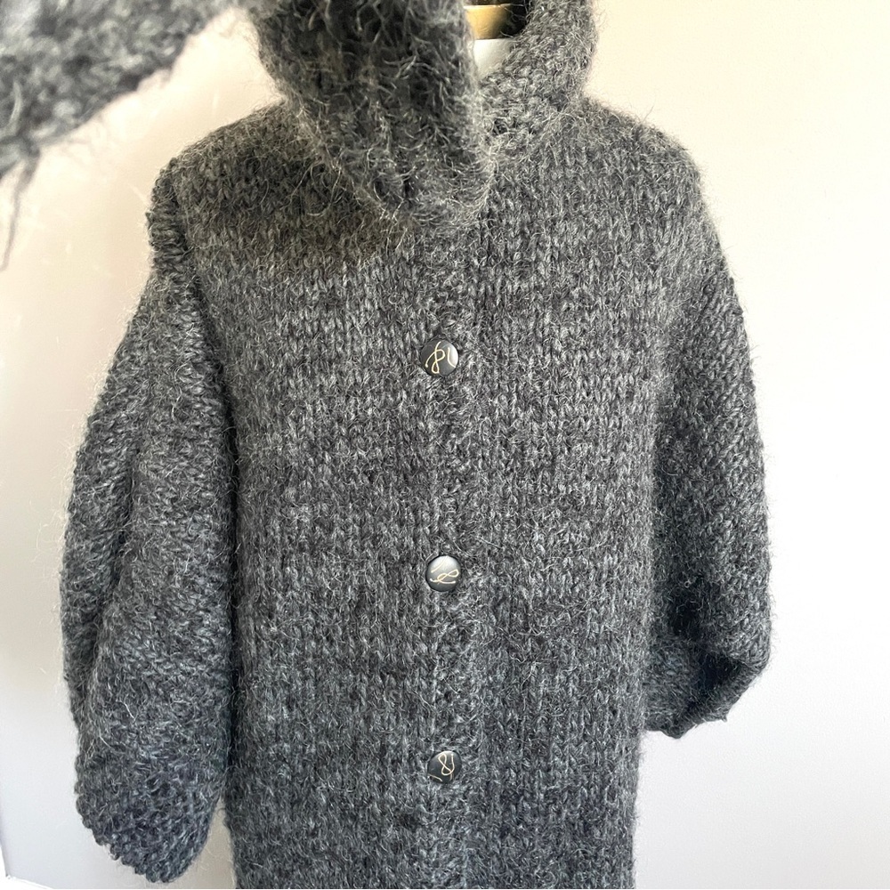 Handmade Gray Chunky Knit Long Cardigan w/ Attached Scarf - Medium - Picture 5 of 12
